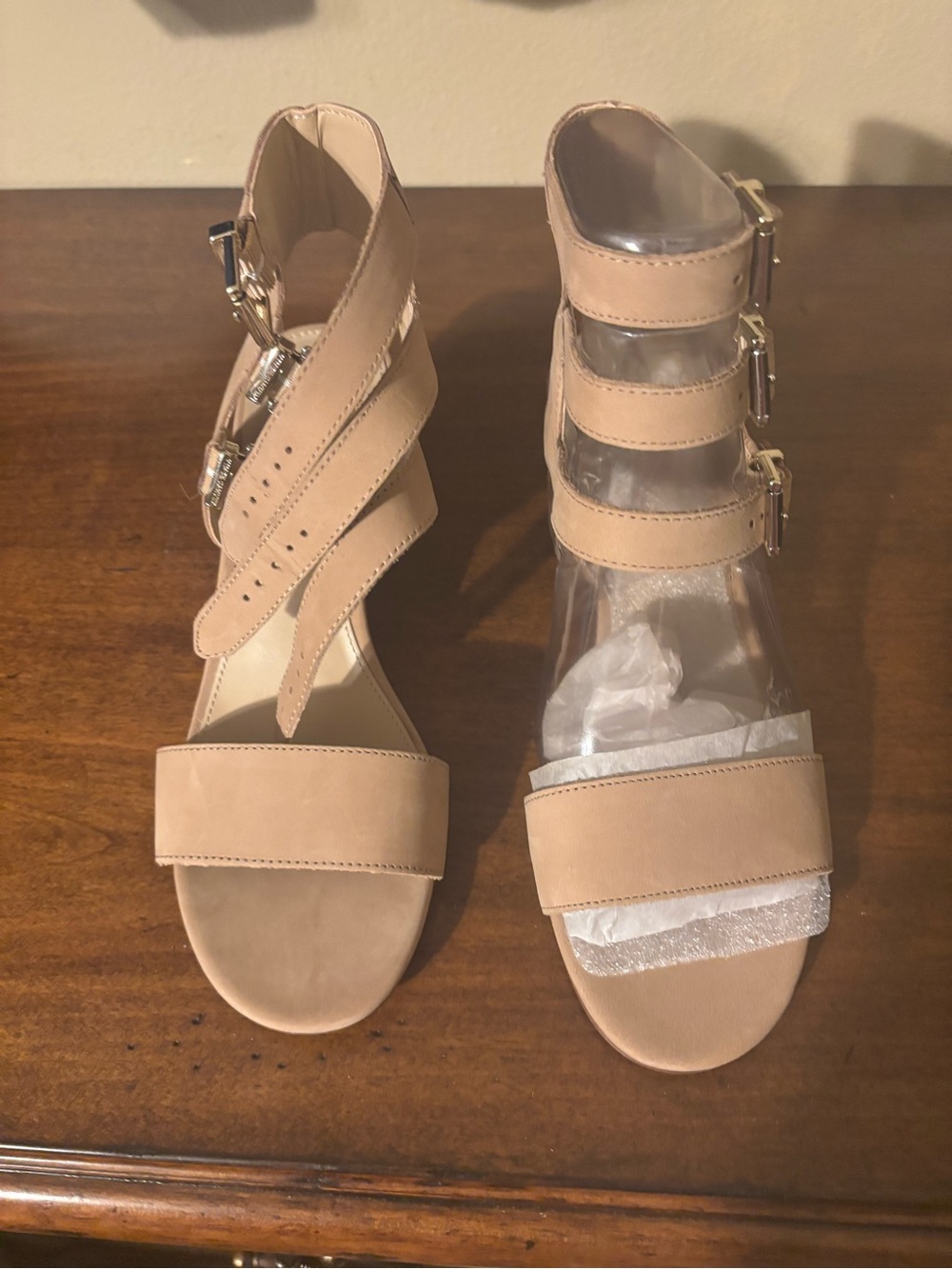 Strappy Beige Ankle-Buckle Heeled Sandals